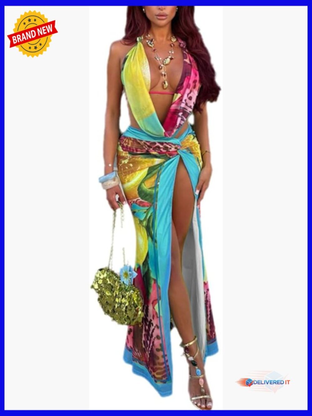 Women's 2 Piece Skirt Set Floral Halter Crop Top High Slit Maxi Skirt Vacation